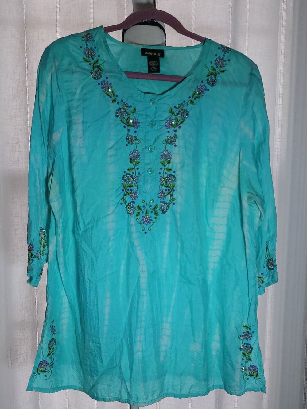 AVENUE Tunic 100% Silk V-Neck Button-Up Turquoise Embroidered & Sequins 14/16